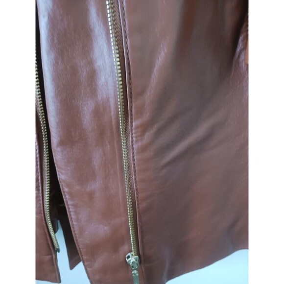 Vtg Iman Leather Jacket Trench Coat Asymmetrical Y2K Camel Size XL - Picture 5 of 9